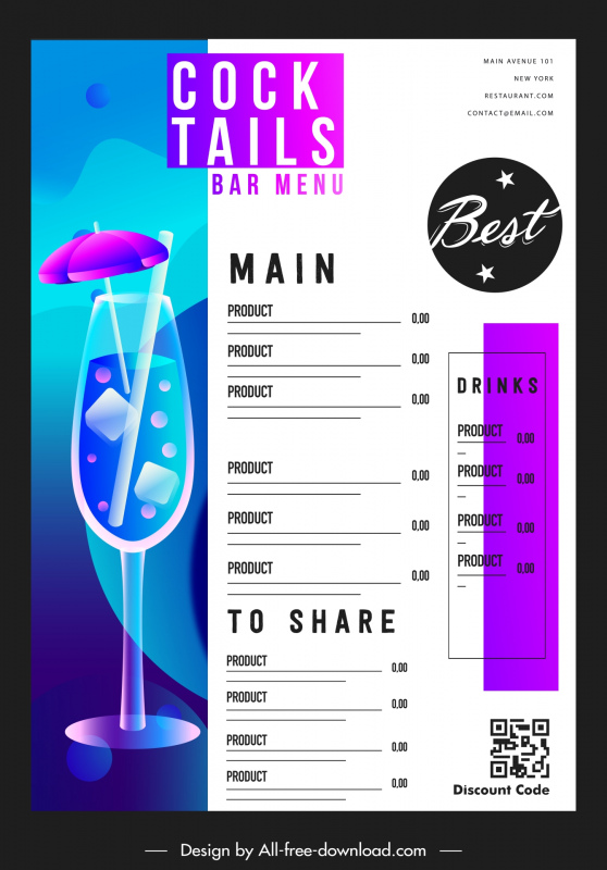 bar club menu  template flat luxury modern cocktail glass 