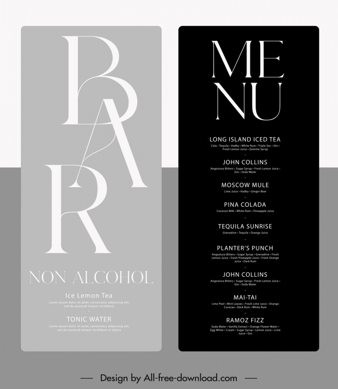 bar club menu template modern elegant contrast plain texts