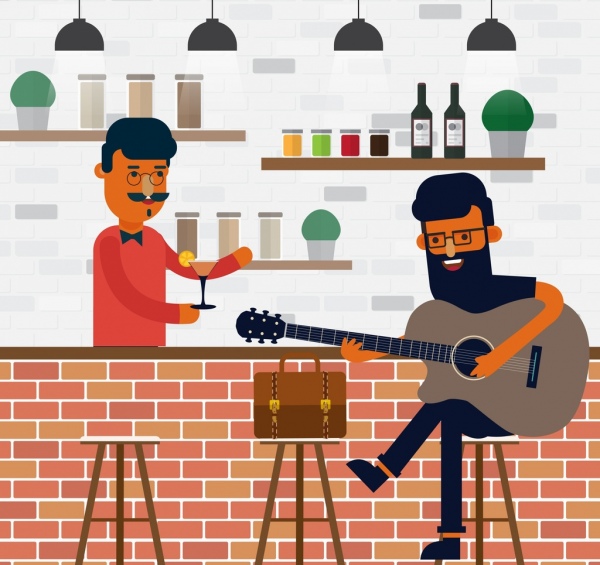 bar drawing bartender guitarist guest icons colored cartoon