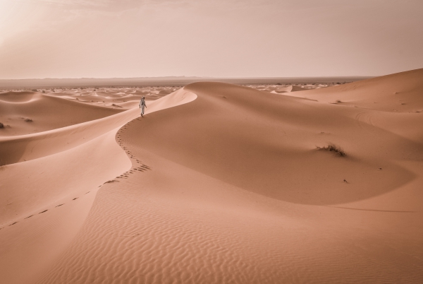lonely human walking on large desert