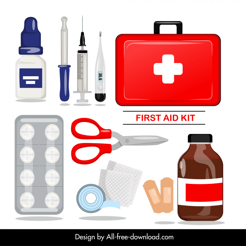  basic first aid kit design elements modern flat medical tools objects outline 