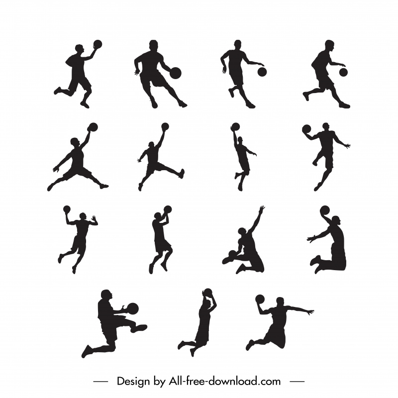 basketball players icons collection dynamic black silhouettes sketch