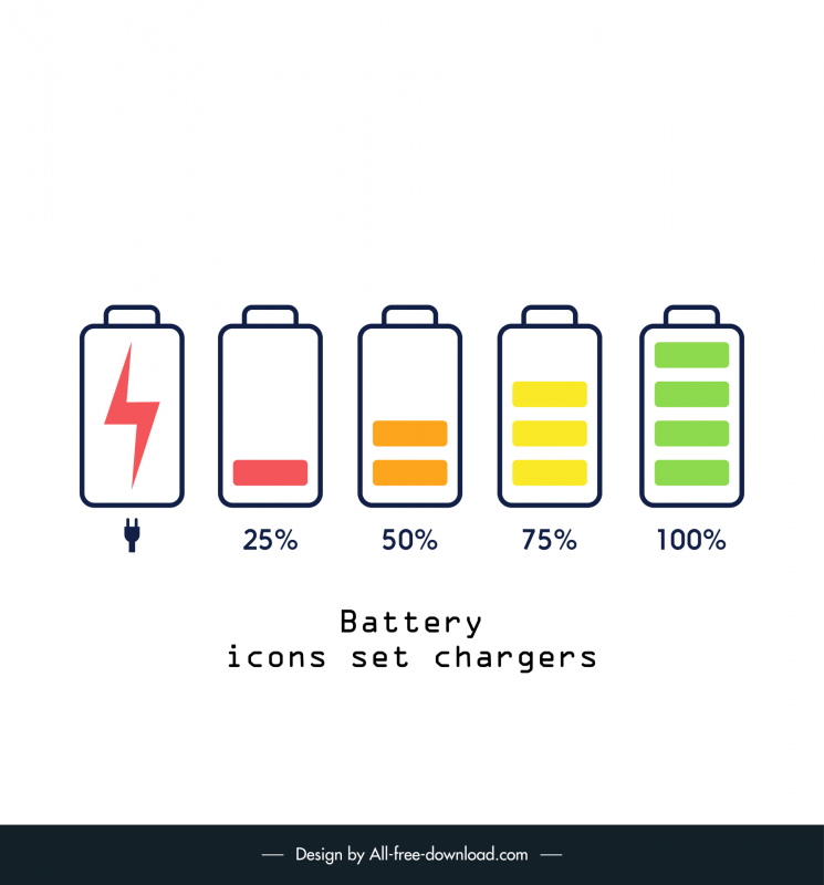 battery icons set chargers design elements flat modern sketch