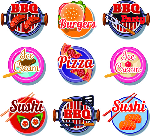 bbq pizza with ice cream and sushi burgers vector labels