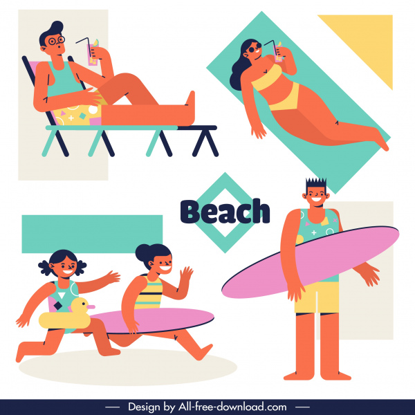 Beach activities icons colored cartoon characters sketch Vectors graphic  art designs in editable .ai .eps .svg .cdr format free and easy download  unlimit id:6844393