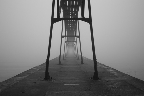 beach black and white boat bridge coast decay fog