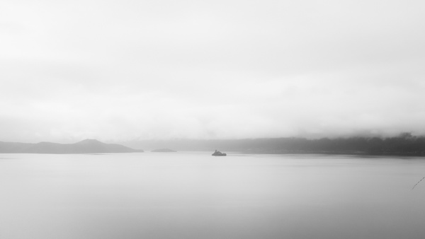 beach black and white boat coast fog lake landscape 