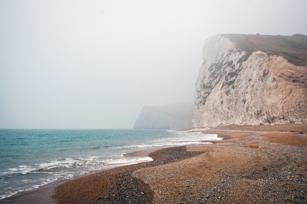 beach cliff cold field fog hill landscape mist