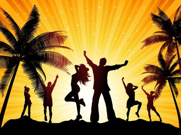 beach party background coconut people icons silhouette design