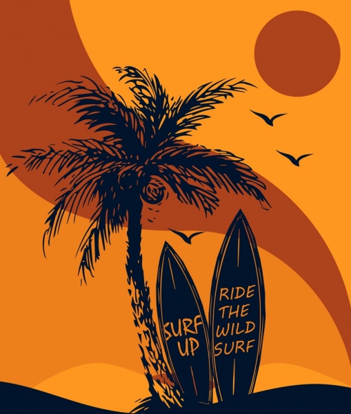 beach vacation background coconut surfboard sun icons