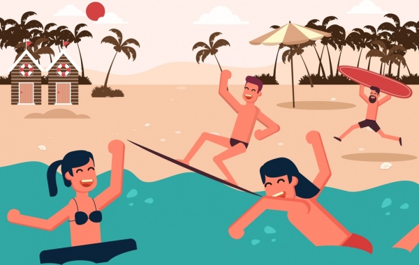 beach vacation background joyful people icons colored cartoon