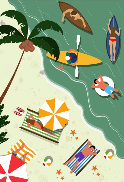 beach vacation drawing recreational people colored cartoon