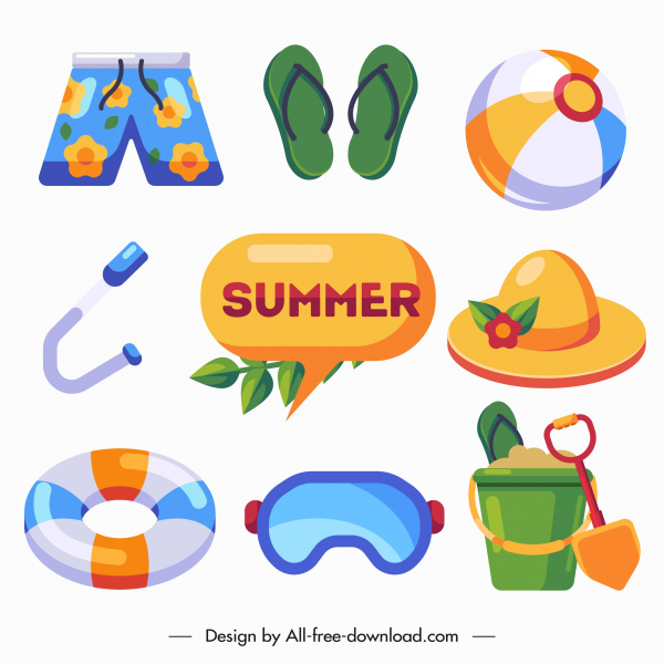 beach vacation icons colorful objects sketch
