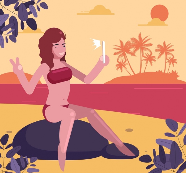 beach vacation painting selfie woman icon cartoon character