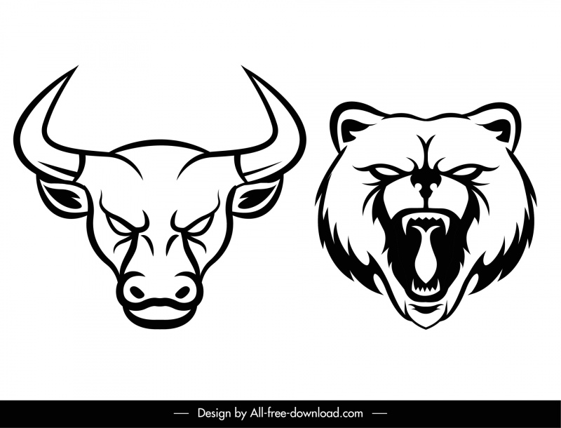 bear bull heads black white stock trading design elements   handdrawn  sketch 