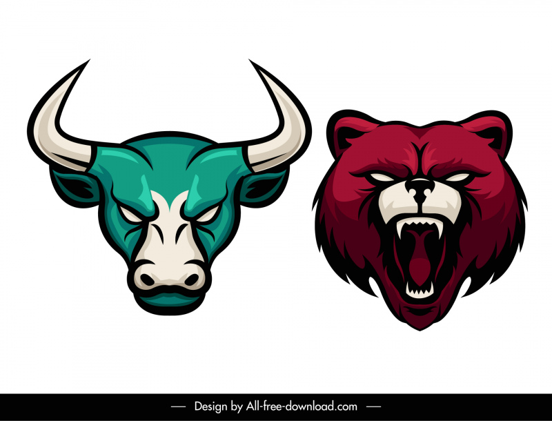 bear bull heads stock trading design elements handdrawn  sketch