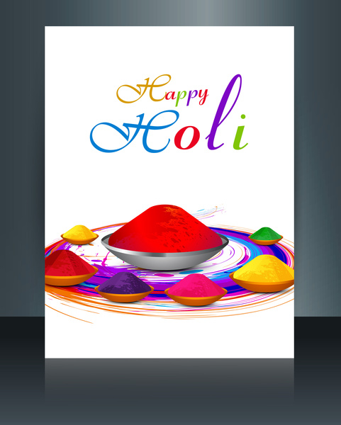 beautiful bucket full of colors and pichkari in festival holi template vector brochure design