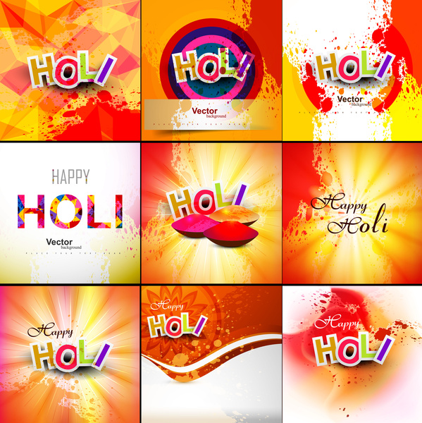 beautiful indian festival grunge colorful collection celebration happy holi set background vector illustration