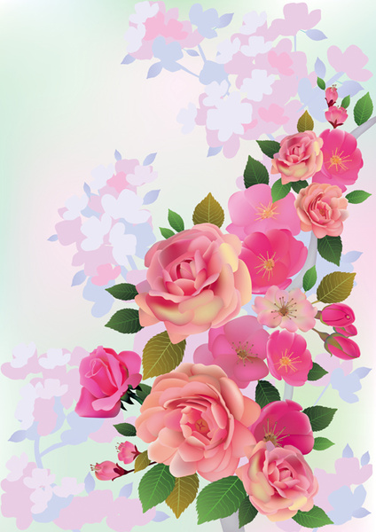 beautiful pink flowers vector background set