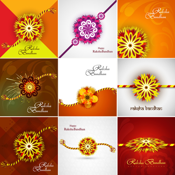 beautiful raksha bandhan celebration presentation card set collection colorful background vector