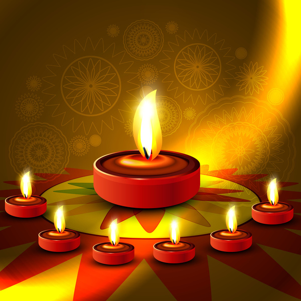 Beautiful Shiny Happy Diwali Diya Colorful Rangoli Hindu Festival