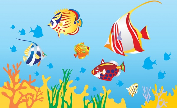 marine background fishes coral icons colorful design
