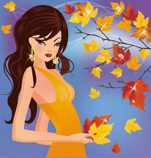 beauty background attractive woman falling leaves sketch