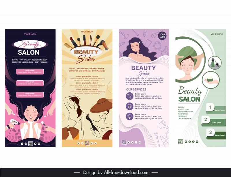  beauty salon banner templates collection cute handdrawn cartoon