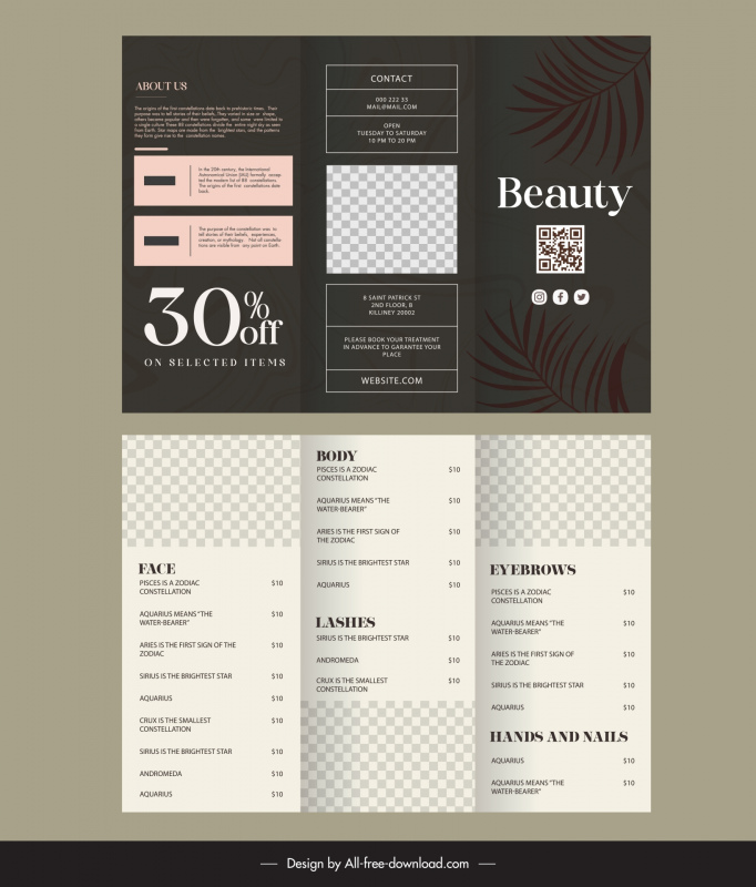 beauty salon brochure template elegant contrast leaf checkered decor