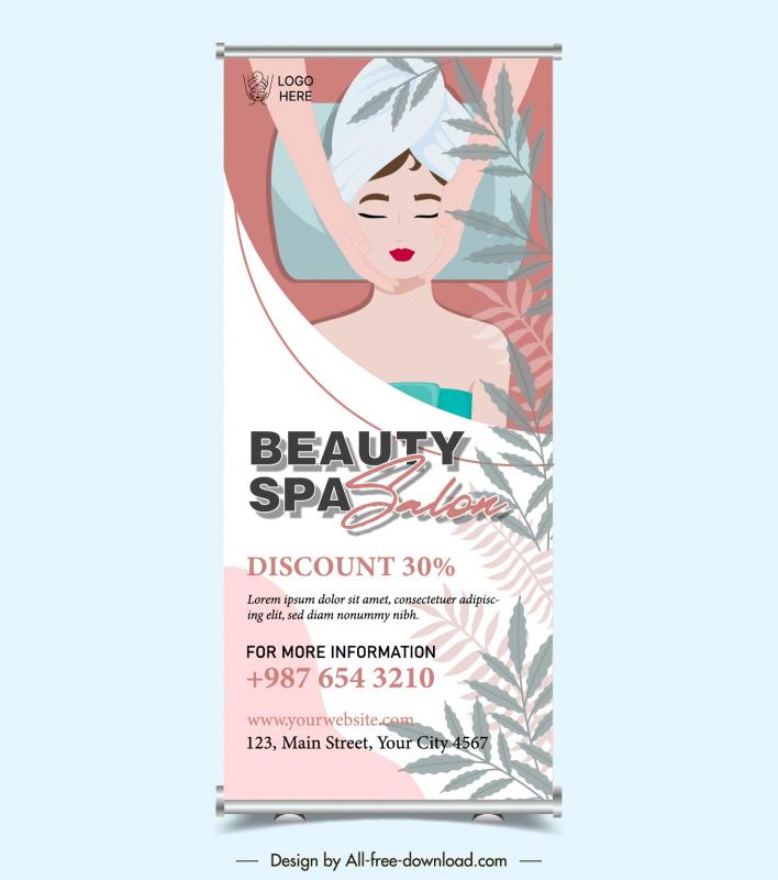 beauty spa salon roll up banner template cartoon lady leaves decor 