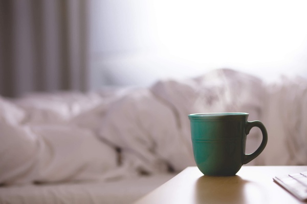 bed bedroom beverage blur bowl breakfast coffee cup