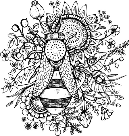 bee flowers hand drawn vector