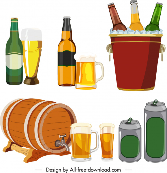 beer icons colored bottle glass can barrel sketch