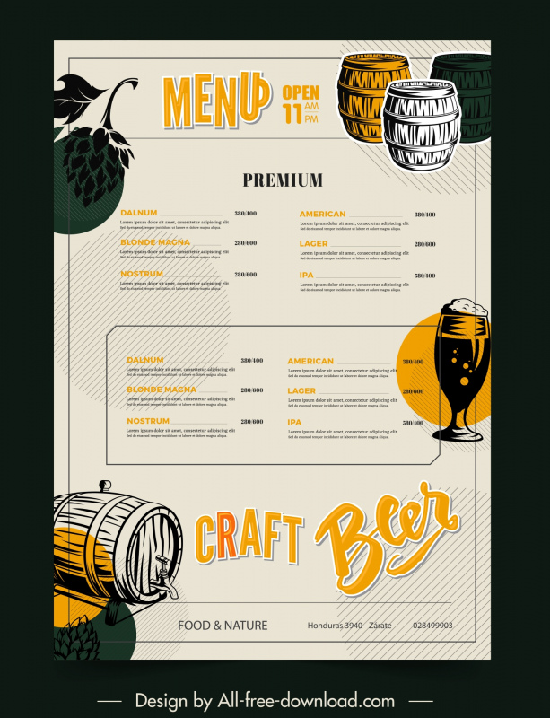 beer menu template classical handdrawn barrel hop 