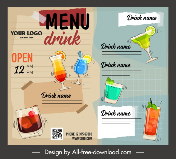 beverage menu template colorful dynamic flat handdrawn decor