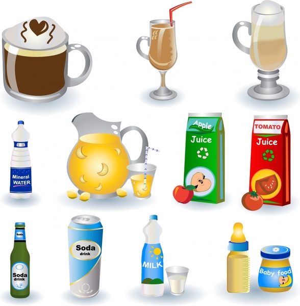 beverage design elements coffee juice milk water icons