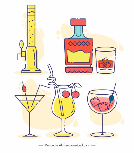 beverages icons colored flat classic handdrawn sketch 