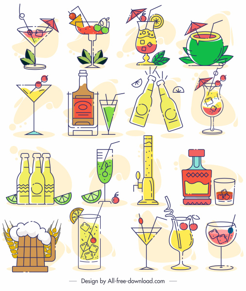 beverages icons colorful classic flat sketch