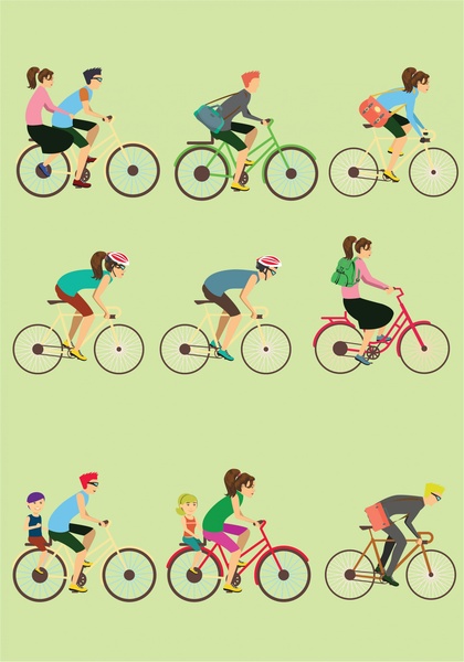 bicycles and cyclists vector illustration in colored flat