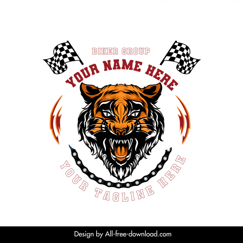 biker group with an aggressive biker tiger logotype flat symmetric tiger flag chain sketch
