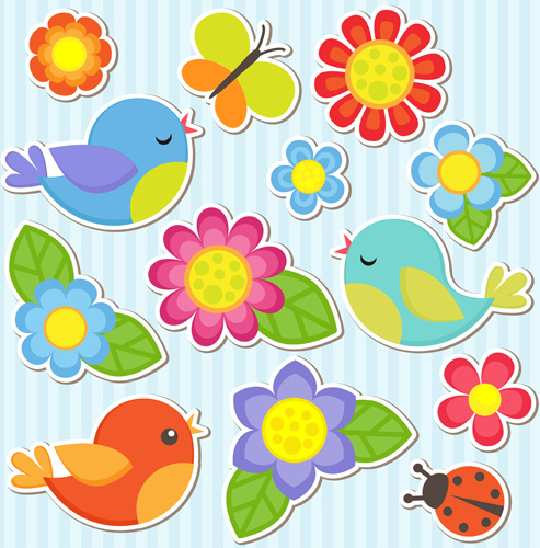 bird and butterfly and ladybug with flower sticker vector