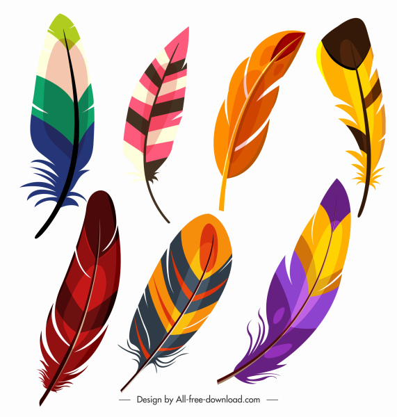 bird feather icons colorful handdrawn sketch