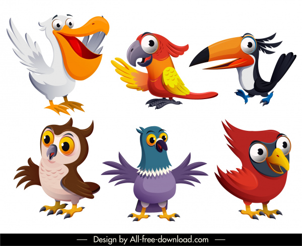 bird species icons cute cartoon character design