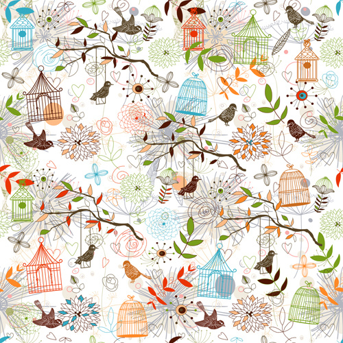 birdcages and birds seamless pattern vector