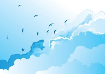 Birds in the Sky Vector, Blue Sky Vector, Clear Cloud Vector, Bird Vector EPS, Sky Vector EPS, Cloud Vector EPS