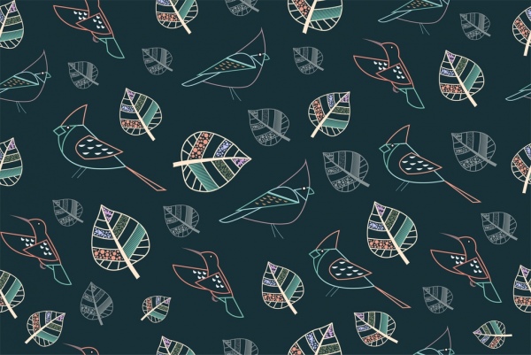 birds leaves pattern outline colorful repeating style