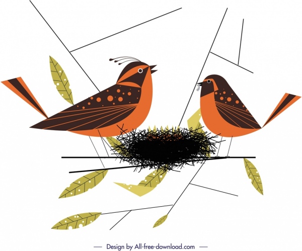 birds nest painting colored cartoon sketch 