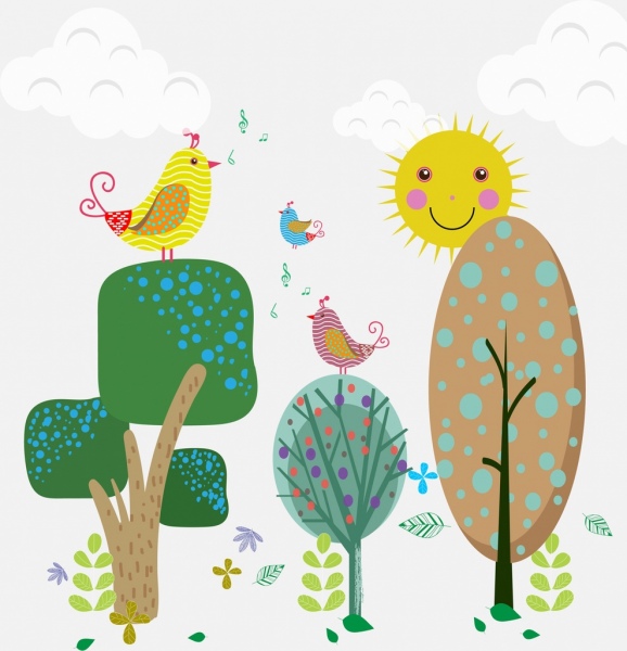 birds singing on tree theme cartoon design style