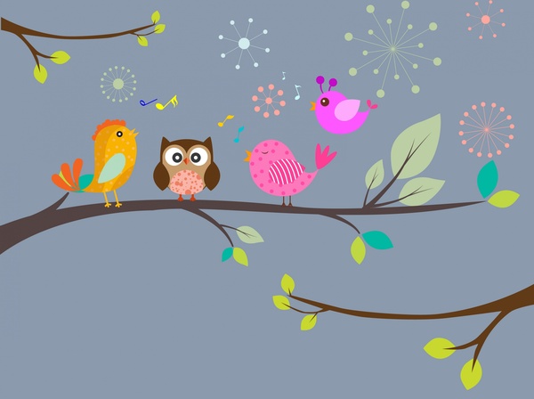 birds singing tree background with colored style illustration