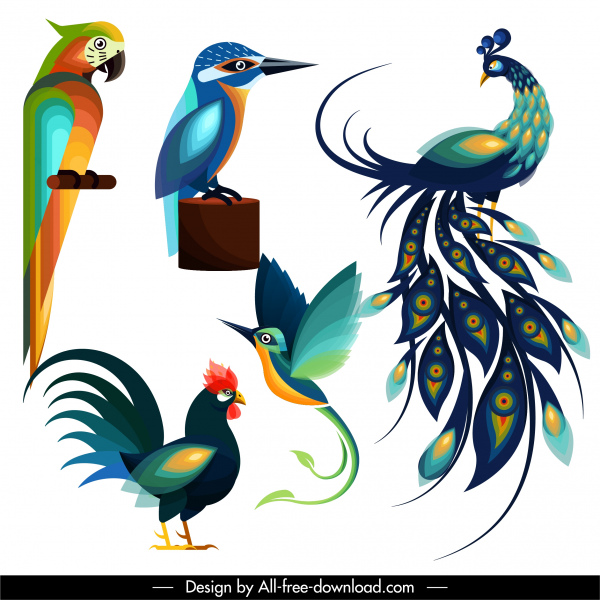 birds species icons colorful flat sketch